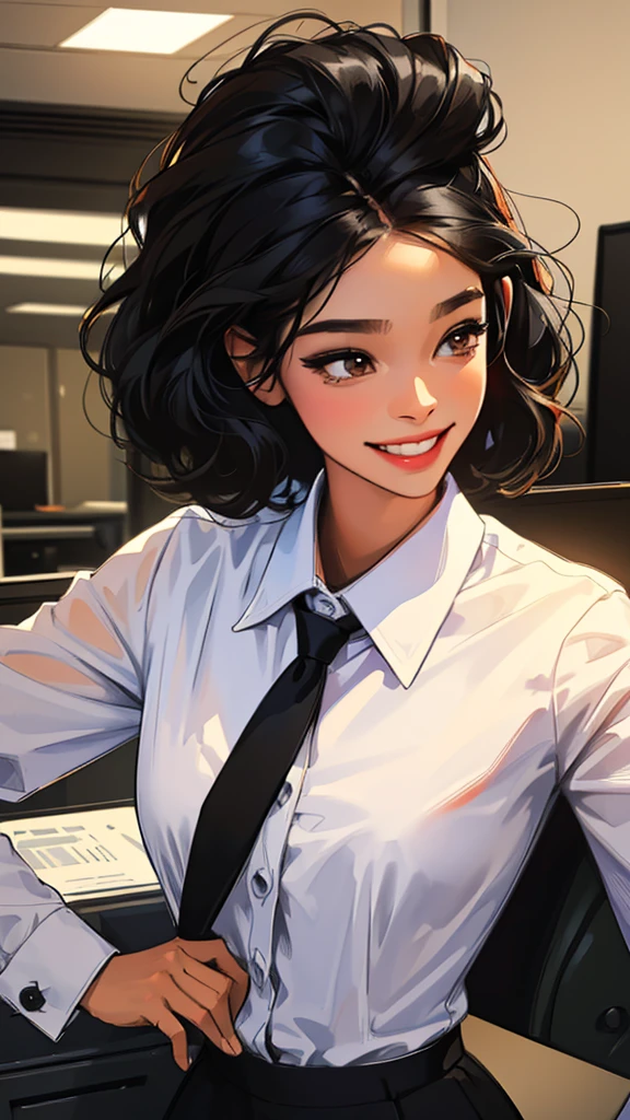 ((details));(highest quality); ((black power hair)); black girl with formal work clothes; Office worker ((devian art)); smiling; (best digital art);(more realistic); ((HQ filters))