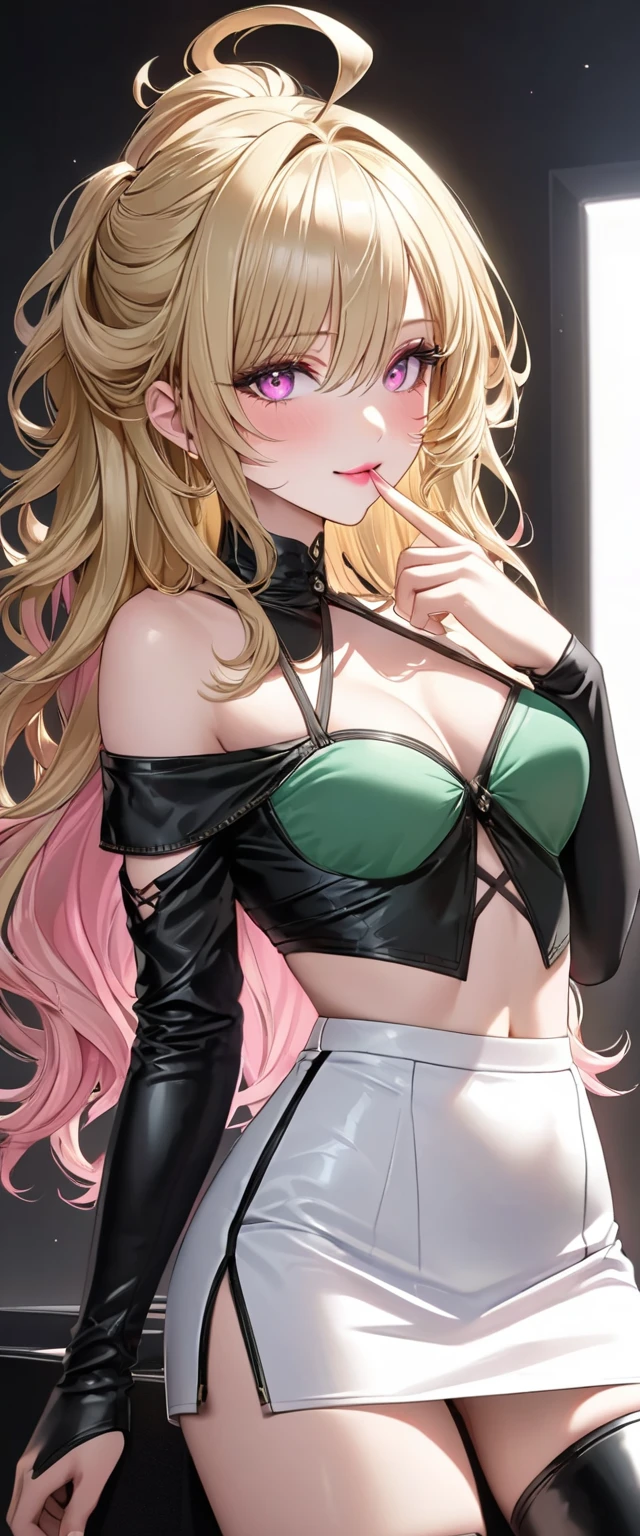 nsfw, (Perfect Anatomy)、Mastepiece、Ultra High Quality、 8k、masterpiece、Highest quality、Ultra-high resolution、Maximum resolution、Very detailed、Professional Lighting、anime、woman、thin、Very beautiful face、Very beautiful eyes、(Highly detailed eye)、Highly detailed face、Blonde, (ahoge), wavy hair, Pink eyes, (gold hair, green dip-dye hair), stomach cutout, thigh boots, high heels, white mini pencil skirt, white off shoulder, makeup, eyeliner, eye shadow, pink cheek, pink lips, smile, full body, black T-back, (((finger to mouth))),