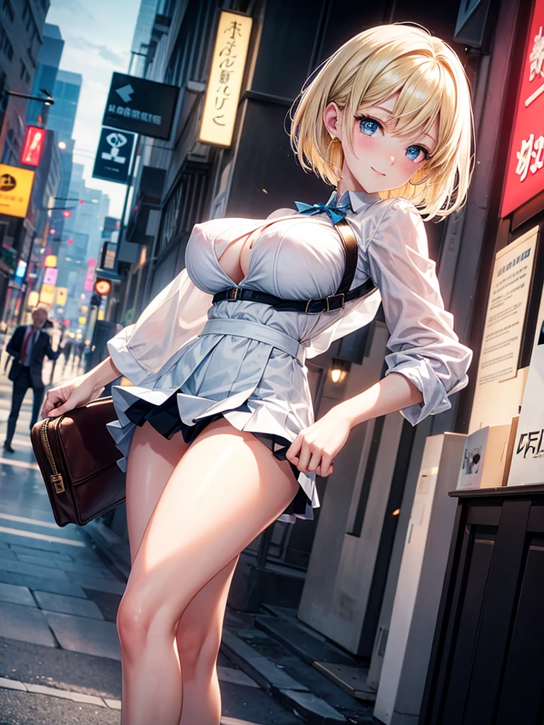 Anime style, super fine illustration, highly detailed, beautiful detailed, pale tone image, static representation, gentle expression, 8k, pretty 1girl with blonde straight short hair & blue eyes & a bright smile & full bust & nipples & soft fair skin is wearing big white business shart not to show her skin & black tight skirt & 1business bag, on the business building street, in the morning, brilliant particles of lights, romantic stories, solo, perfect 5fingers, perfect arms, perfect legs, masterpiece.