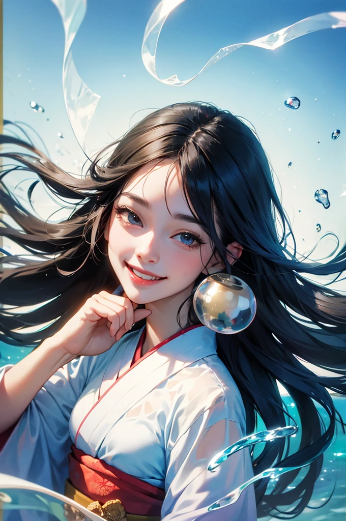 Smiling beautiful woman in kimono holding a transparent glass of water close to her face