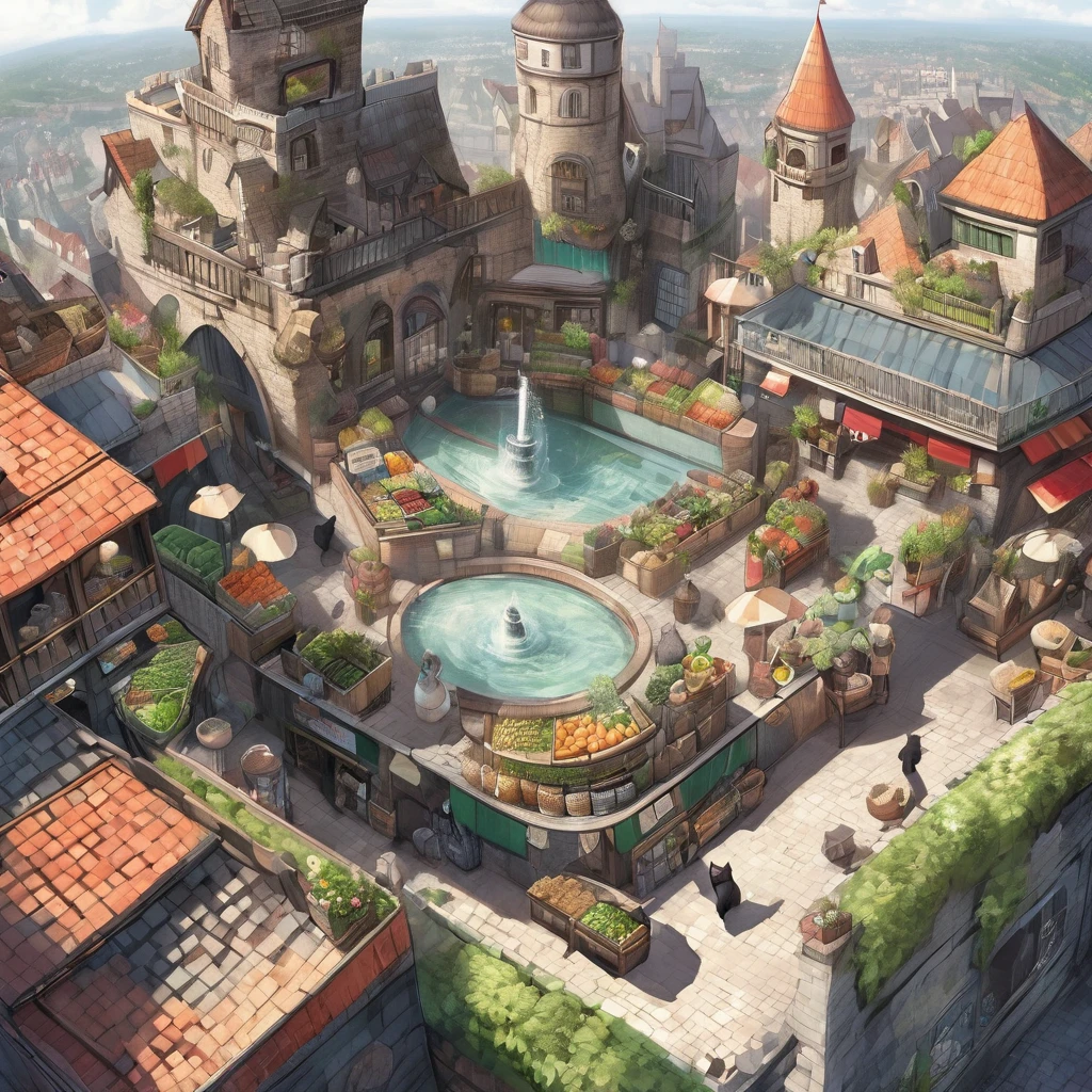 {worst quality, low quality}, Generate an illustration of a black cat overlooking the cityscape from a high place. Overhead view. back view of cat castle. castle town. fountain. Bar. Greengrocer. Fish shop. Made of brick. Fantasy view . --s 1000 --c 5 --style raw --no lowest quality, lowest detailed, flat , realistic, Best Quality, Super Detailed,