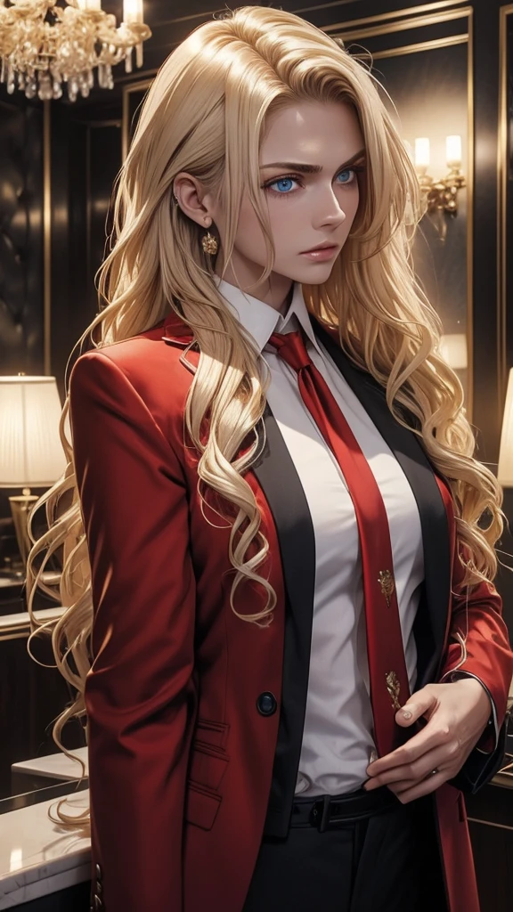 russian mafia、Blonde Hair、Long curly hair、Tie your hair back、Red suit、A shirt open to the chest、Holding a Tokarev in one hand、Scars on the face、Blue Eyes、Eyes are fixed、ambition、fear、Angry、Luxury hotel interior、Highest quality、Older woman