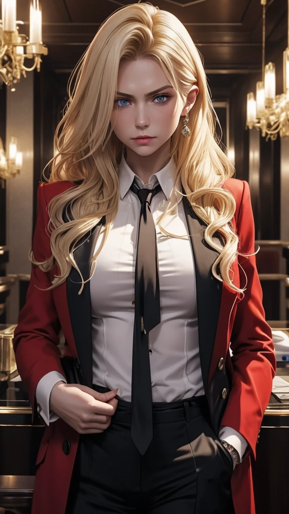 russian mafia、Blonde Hair、Long curly hair、Tie your hair back、Red suit、A shirt open to the chest、Holding a Tokarev in one hand、Scars on the face、Blue Eyes、Eyes are fixed、ambition、fear、Angry、Luxury hotel interior、Highest quality、Older woman