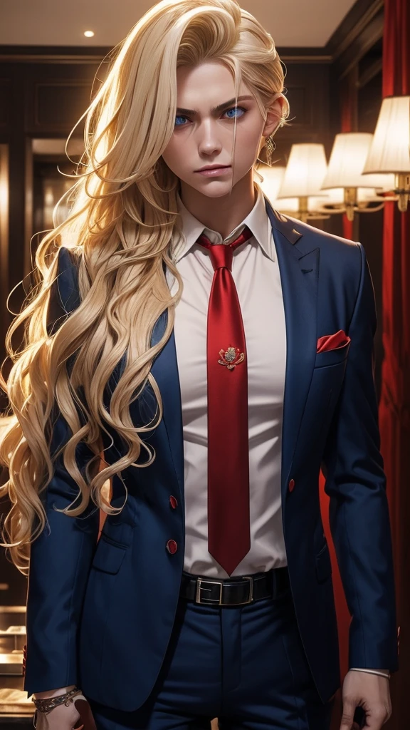russian mafia、Blonde Hair、Long curly hair、Tie your hair back、Red suit、A shirt open to the chest、Holding a Tokarev in one hand、Scars on the face、Blue Eyes、Eyes are fixed、ambition、fear、Angry、Luxury hotel interior、Highest quality、Older woman