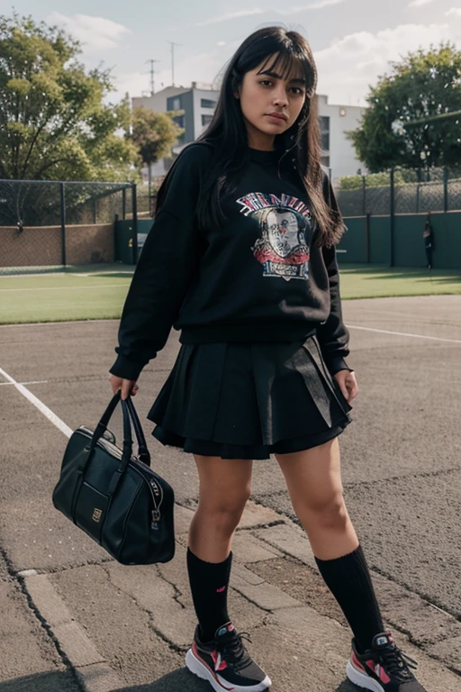 Mexican lady with black hair and fringe wearing round black skirt with fishnet stockings and tennis shoes with black sweatshirt