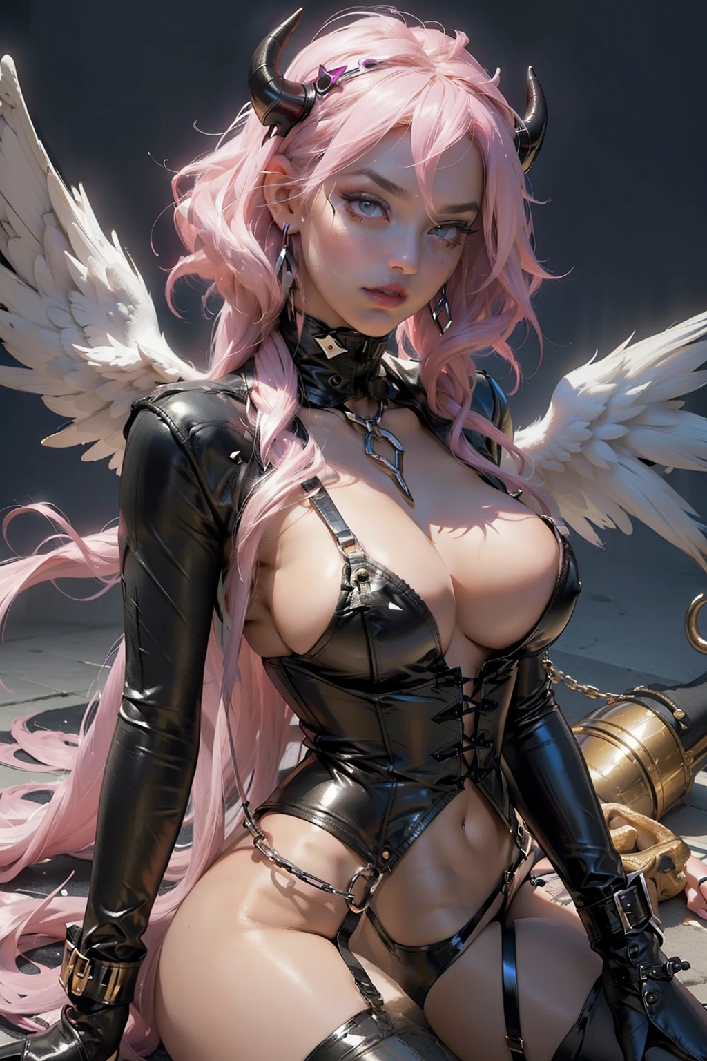 Dynamic Snapshot, ((3 women, pink hair, platinum white hair)), (A picture of 2 beautiful succubus dominating 1 sexual an angel girl on a leash:1.2), ((2 demon females and a angel girl)), female dominance, unprotected, a angel, demons, beautiful succubi, horror, dark, sexual, rough dominance, dominance, a angel girl on a leash, bdsm, Gold Chains,(massive accentuated super huge enormously gigantic breasts), collar, Beautiful bodies, slim, horror style, Very Detailed Faces, Stockings, (leather corset, mini thong, silk lingerie, Stockings), leather leather thigh high boots, Sharp camera angle , Close-up, Gothic horror background