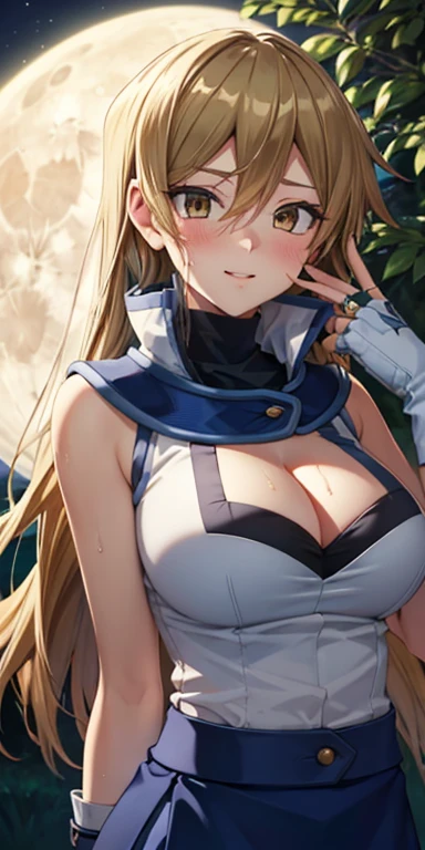 1 Female,High definition,high resolution,Ultra-realistic,8K, 8K, ta1,blonde hair,long hair,yellow eyes, white jacket, sleeveless, blue skirt,tight skirt , miniskirt,fingerless gloves,European,sexy,Upper body close-up,Photographed from the front,Dynamic Angles,(blush), big tits , happy, wink the eye,facial, sweat,multicolored hair , outdoors, moonlight, night ,leaf , windy,tree background , cleavage 