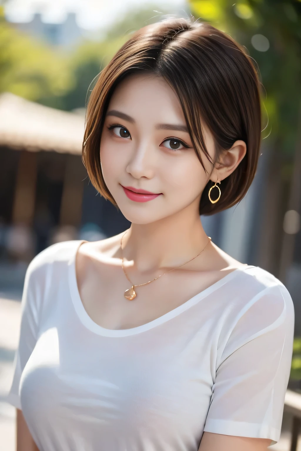 Watching the audience、Big Laugh、One Japanese woman、28 years old、short hair、hair slicked back、Very beautiful face、Light brown hair、Teardrop-shaped earrings、Simple and elegant necklace、masterpiece、Highest quality、8k、Sharp focus、Blurred Background、The background is a park、Wide crew neck T-shirt、Beautiful collarbone、