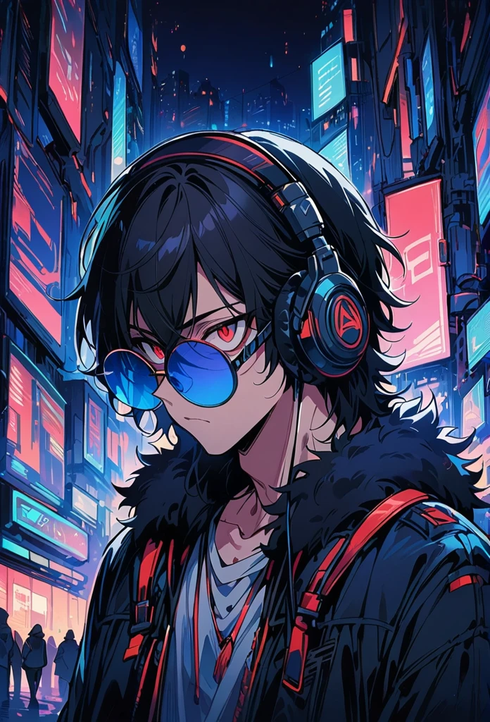 Adult, male, mature, shaggy black hair, short black hair, red eyes, hipster clothes, round tinted sunglasses, blue sunglasses, headphones, apathetic indifference, Masterpiece, Accurate, Best Quality, Detail, High Details, Quality, Super Detailed, High Quality, Anatomically Correct, tilted head, city, night, cyber city at night