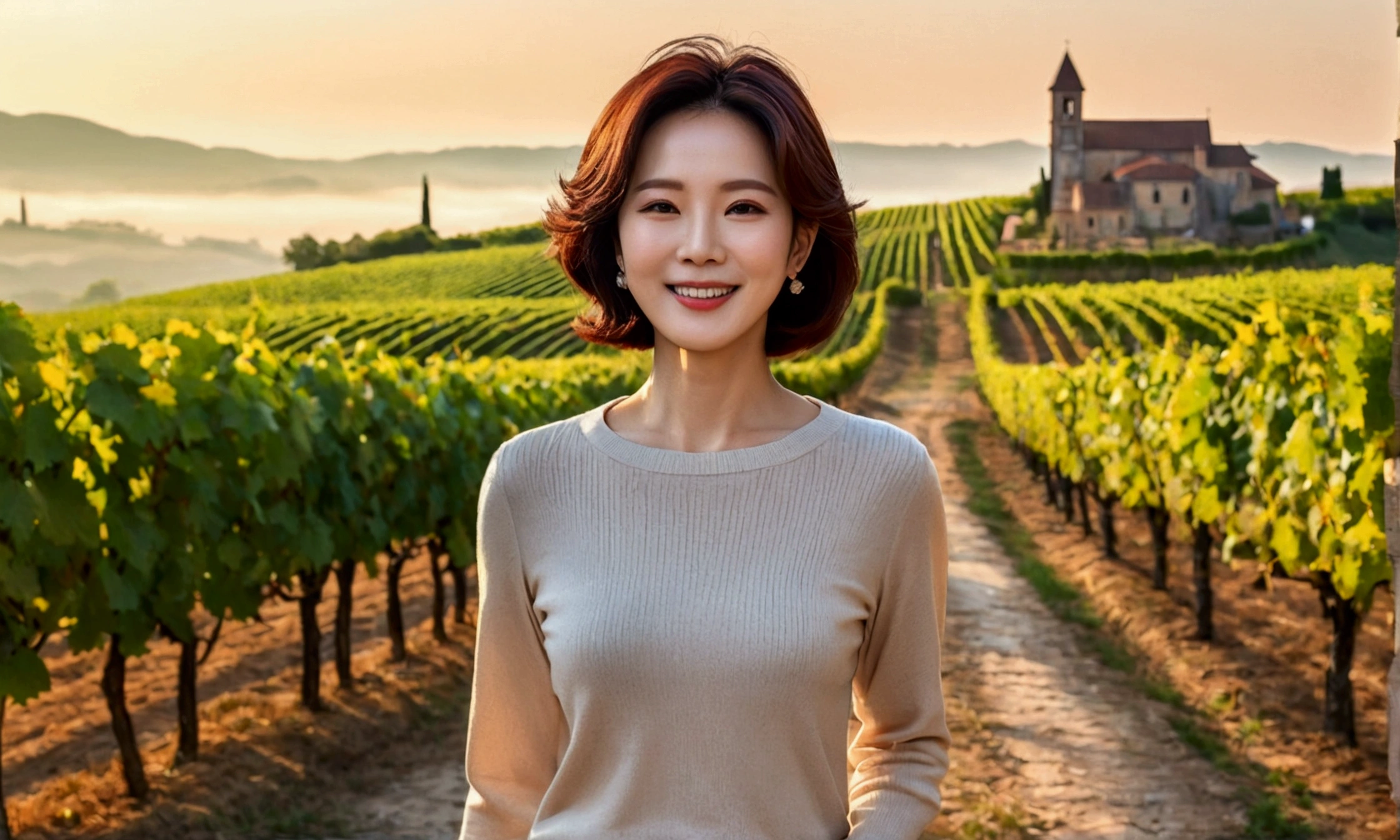 Wearing a luxury brand long-sleeved knit, Korean woman in her 40s with short and medium hair, smiling face, short and petite, very beautiful.!, Get inspired by Son Ye-jin, 8K vertical rendering, photo realistic beautiful face, big eyes,double eyelid, black eye, Wear a dark round neck t-shirt. beige jean pants. Warm light in vineyards at dawn in rural Italy, The morning sun shines beautifully. Standing on a curved path. (digital painting, HDR, high contrast),, (best quality:1.4, 8k 3D, 45,000,000,000,pixel,),(masterpiece:1.3),(sharp focus:1.2),(Full body shot with Canon camera 16-35 wide angle lens, 포도 밭이 내려다 보이는 언덕 위 Standing on a curved path, 32 inches, A woman of and short stature, A cathedral can be seen in the distance through thick fog., Vineyards with vivid image quality, three dimensional grape leaves, Grape leaves look vivid and clear., Smiley, walking down a path