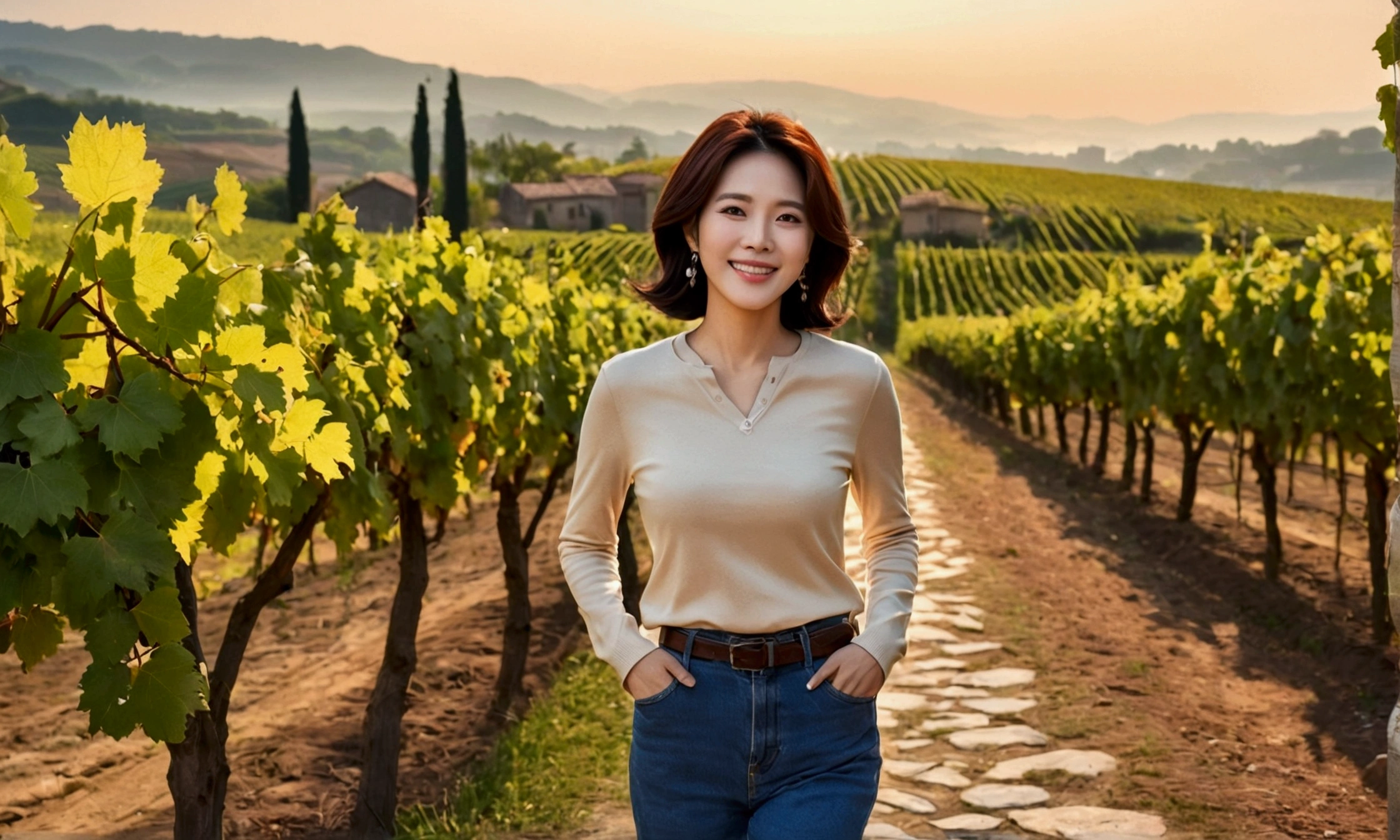 Wearing a luxury brand long-sleeved knit, Korean woman in her 40s with short and medium hair, smiling face, short and petite, very beautiful.!, Get inspired by Son Ye-jin, 8K vertical rendering, photo realistic beautiful face, big eyes,double eyelid, black eye, Wear a dark round neck t-shirt. beige jean pants. Warm light in vineyards at dawn in rural Italy, The morning sun shines beautifully. Standing on a curved path. (digital painting, HDR, high contrast),, (best quality:1.4, 8k 3D, 45,000,000,000,pixel,),(masterpiece:1.3),(sharp focus:1.2),(Full body shot with Canon camera 16-35 wide angle lens, 포도 밭이 내려다 보이는 언덕 위 Standing on a curved path, 32 inches, A woman of and short stature, A cathedral can be seen in the distance through thick fog., Vineyards with vivid image quality, three dimensional grape leaves, Grape leaves look vivid and clear., Smiley, walking down a path
