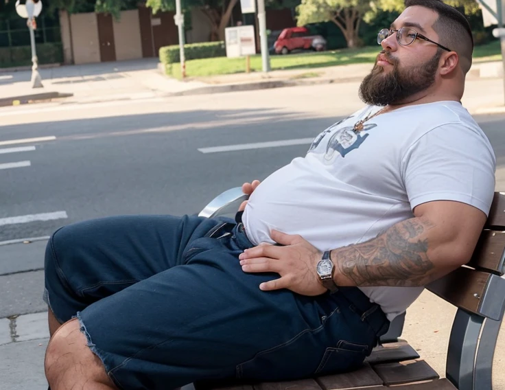 Fotografia de corpo inteiro fotografia de Corpo completo, ele usa uma máscara de anonymus v de vingança, He is sitting with his legs open and resting one arm on the park bench., He is a chubby man, with extremely thick thighs, a large belly, fat, 50 years old, bearded, with a huge beard, wearing an open, unbuttoned plaid t-shirt, usando apenas sunga branca meias pretas, gold chain neck rings, watch on wrist, pulseiras no pulso,((( fotografia de Corpo completo imagem de corpo inteiro, low side angles))). Detailed image dynamic image. He doesn't wear clothes..🍼.Many exaggerated squirts of semen come out of the glans of the penis), low angle view, with hands Gesturing with hands holding testicle with hand, gesticulando, expressando, ((genital Masculino glande peniana tamanho anormal, phallus size gigantic phallus super long phallus inclined fallen, dropped balls)), sensualizing with the hand on the crotch, Acariciando as bolas, ejaculando exageradamente, Gozando sem limites, Jorrando jatos de esperma da glande peniana, corpo muito suado, suor extremo no corpo.