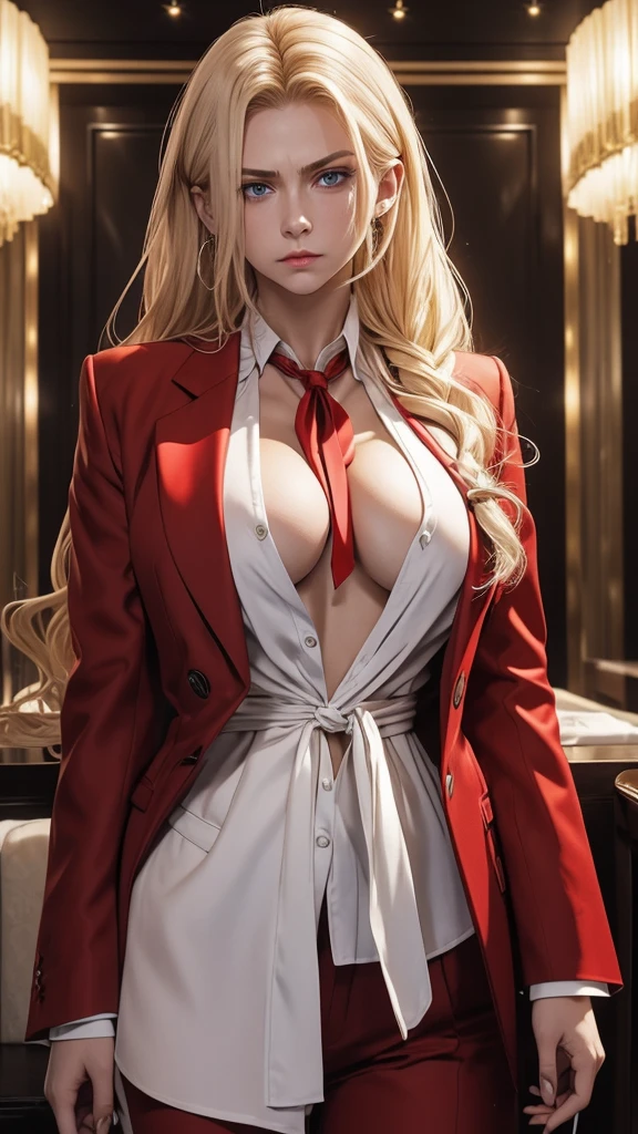 russian mafia、Blonde Hair、Long curly hair、Tie your hair up、Red suit、A shirt open to the chest、Holding a Tokarev in one hand、Scar on cheek、Blue Eyes、Eyes are fixed、ambition、fear、Angry、Luxury hotel interior、Highest quality、Older woman、Cleavage