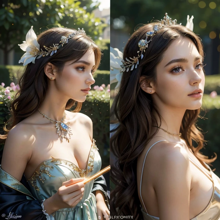 (masterpiece, best quality:1.5), highest quality, High resolution, super detailed, Realists, Upper body photo of a brunette sorceress, detailed and beautiful eyes, beautiful detailed lips, very detailed eyes and face, longeyelashes, shiny satin dress, Holding a magic wand in your hand, Cast a Light Deaf, Magic wands present and shiny, Beautiful and colorful makeup, elegant and noble々The jewelry bag, Gardens as background, soft daylight, bright colors, fine brushstrokes, Portrait style, Silk dress fabric, beautiful color palette, glowing skin, First-class rendering, that captures every detail, enchanting atmosphere, subtle shadows and lights, (perfect anatomy:1.2), (The two stunning sorceresses transform flowers into jewelry (a transformation with the magic wand:1.4), (magnificent panorama view:1.2)