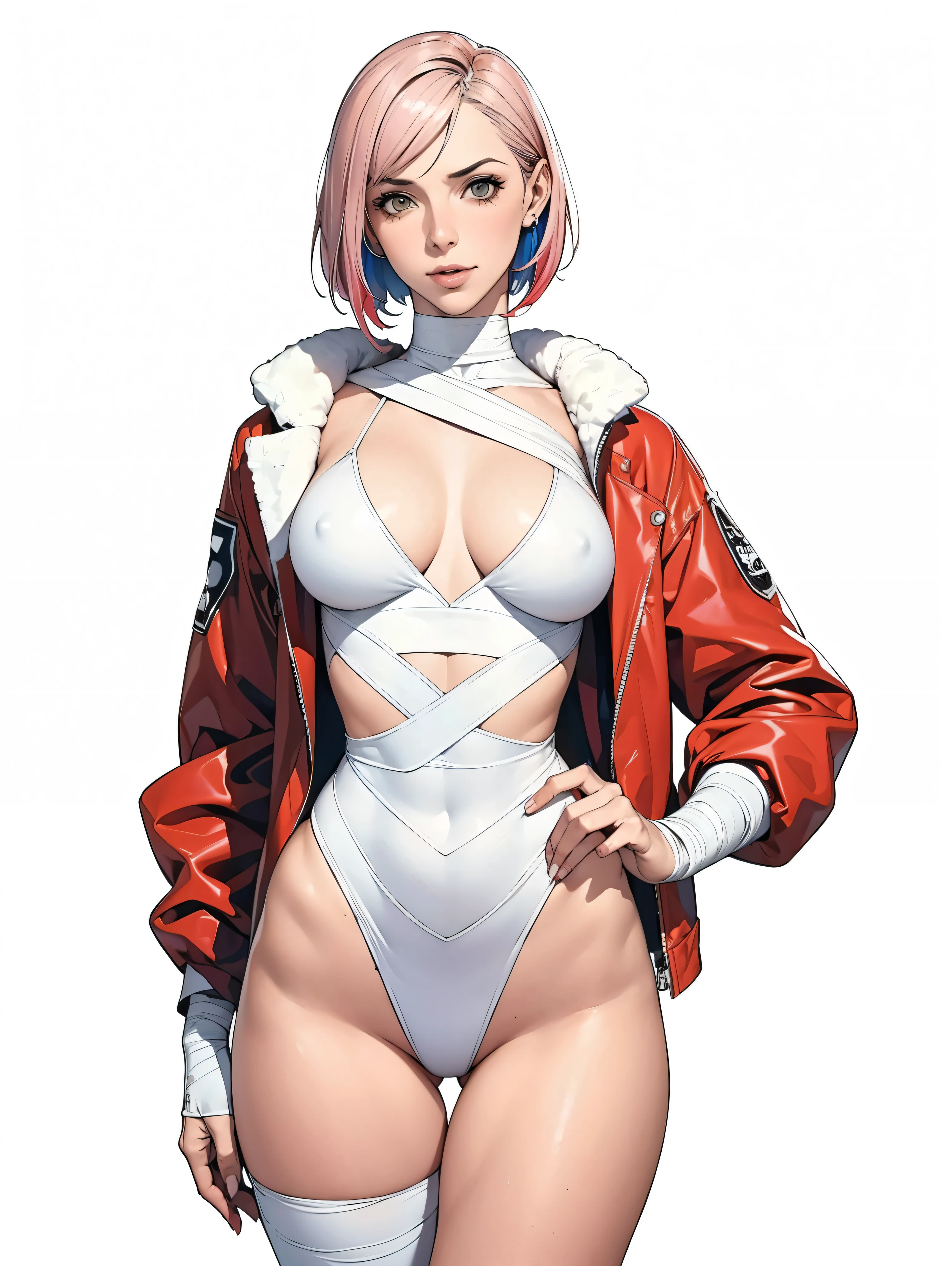 (((Annie Lennox))), (((colorful suit))), (scars), (((bandaged arms))), (((colorful clothes))) (( hood)), (((best quality: 1.4))), (Unbeatable masterpiece), (hyper HD),(CG 8k hyper-realistic), beautiful face, (((breasts big))), (((hyper feminine))), sexly girl, black tattoo,（ultra short red hair with white highlights)), ((( sculptural body ))), (((1 Kizi))), Kizi tatuada de 25 anos com perfect body,,Beautiful and well-groomed face,muscular body:1.2,solid color detailed jacket, (Head to thigh photos)， Complex equipment, ，Tight clothes，With white stars and off-white stripes,,,,,Armor Metal Electronic Parts, Poison tattoos ) INFO, Kizi, (((standing alone))), , 24歳, sexy, pose de attitude, work of art, dancing, ((slight smile)), post-apocalypse, (((manga style))), bounty hunter, the way you want, perfect body, roupa moderna, advanced technology, white, yellow accent, black, red accent, fur collar jacket, sleeves with vertical striped pattern, background city, (( cowboy shot )). intricate visual, narrow waist, (((wide hips))), wide hips, fit thighs, (((thigh gap))), Thigh gap, background shows a futuristic airplane, open expression, expression happy
