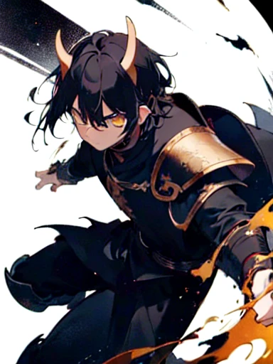 A boy has black hair that is a little light and messy., with bangs that fall slightly over his forehead. His golden eyes are penetrating and highlight his draconic nature., like the small horns visible on its black head. He wears black armor with gray details., which accentuates his athletic and robust build.
