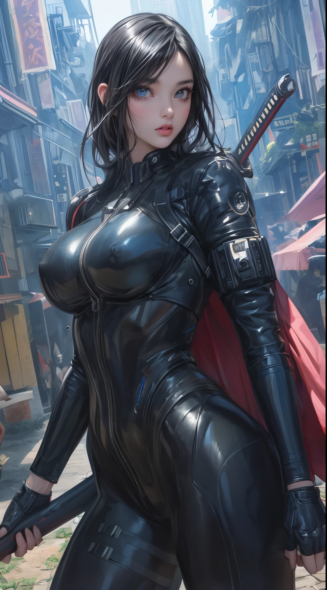 beautiful woman, (big breasts:1.3), futuristic kunoichi, techwear with traditional influence, recon mission, metropolis scenery, anime illustration, photorealistic, fantasy, comic, manga, perfect body proportions with generous curves