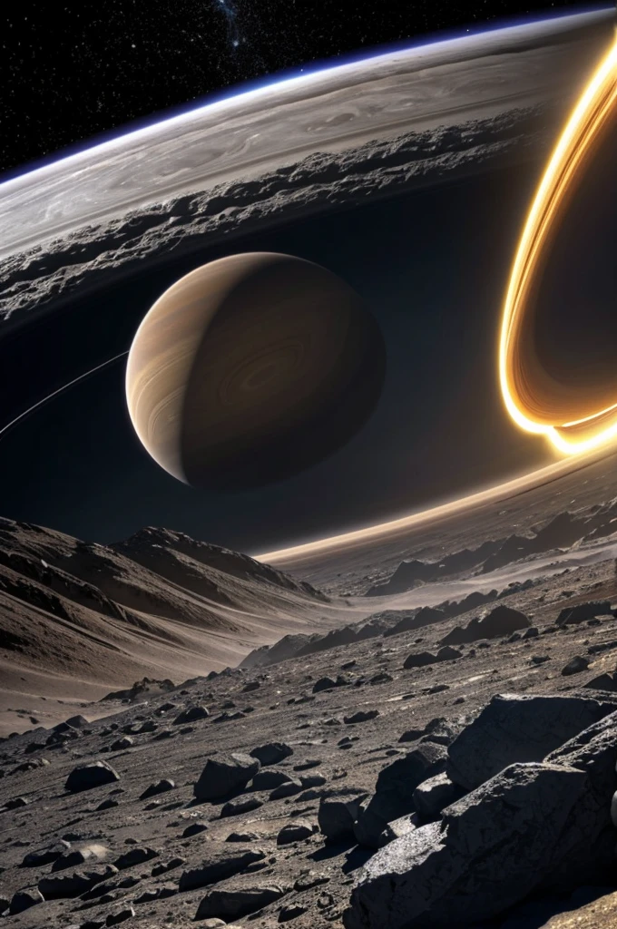 Planet Saturn with its 7 rings made of ice and rocks and thunder coming out of the planet