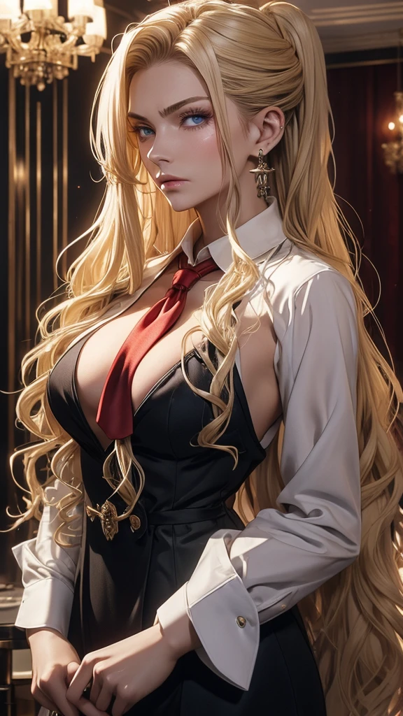 russian mafia、Blonde Hair、Long curly hair、Tie your hair up、Red suit、Dress shirt、Holding a Tokarev、Scar on cheek、Blue Eyes、Eyes are fixed、ambition、fear、Angry、Luxury hotel interior、Highest quality、Older woman、Cleavage