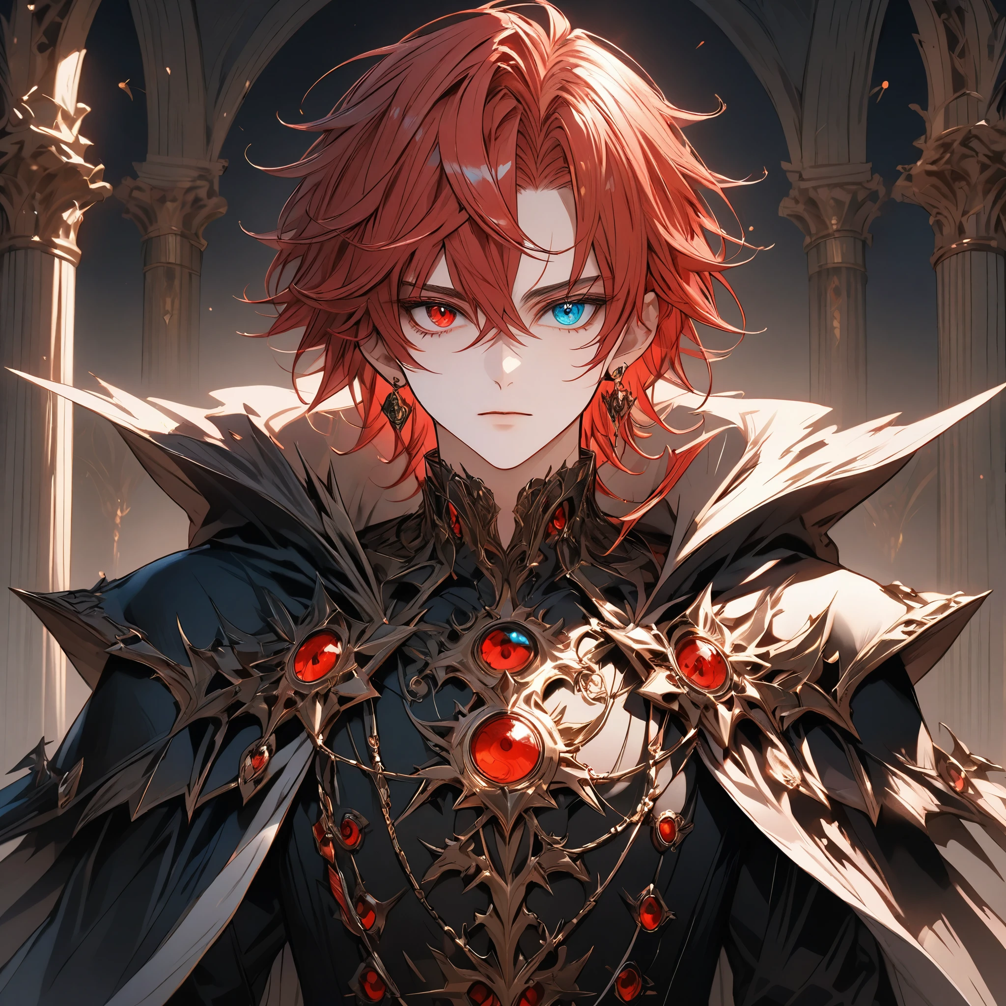 male face, red hair, (heterochromia, green and red eyes,) extremely detailed eyes, perfect eyes, extremely detailed face, black overcoat, cape, RPG style, broad shoulders, upright posture, facing the image, no light in the image, (blue character background,) ((character with full rendering focus and details) 8k, ultra-high quality, extremely detailed, perfectly detailed.