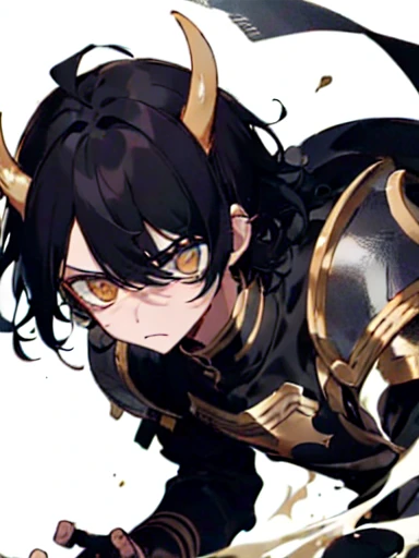 A boy has black hair that is a little light and messy., with bangs that fall slightly over his forehead. His golden eyes are penetrating, like the small horns visible on its black head. He wears black armor with gray details., which accentuates his athletic and robust build.
