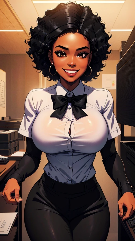 ((details));(highest quality); ((black power hair)); black girl with formal work clothes; Office worker ((devian art)); smiling; (best digital art);(more realistic); ((HQ filters))