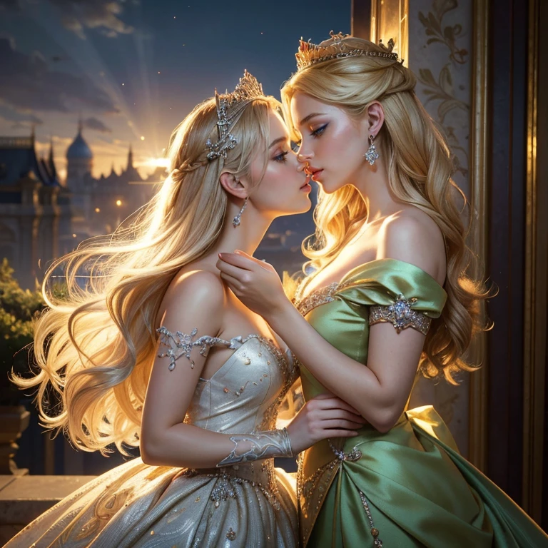 (masterpiece, best quality:1.5), highest quality, High resolution, super detailed, Realists, Upper body photo of the blonde princess, detailed and beautiful eyes, beautiful detailed lips, very detailed eyes and face, longeyelashes, Princess in silver royal dress, Beautiful and colorful makeup, elegant and noble々Pose,shiny crown and jewels, Royal gardens as background, soft daylight, bright colors, fine brushstrokes, Portrait style, Noble details in the dress fabric, beautiful color palette, glowing skin, First-class rendering, that captures every detail, enchanting atmosphere, subtle shadows and lights, (perfect anatomy:1.2), (Two stunning princesses are deeply in love:1.4), (kiss:1.2), (magnificent panorama view:1.2)