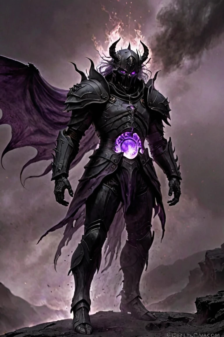 martius_storm demon This creature appears as a body of translucent dark gray, black and purple energy with small motes of purple light winking in and out of existence along its spherical form. It has a head, neck, chest, but it's body ends in a tapered whispy smoke, no legs or feet evident. Whispy black smoke wearing bracers and black chest plate armor and shoulder plates