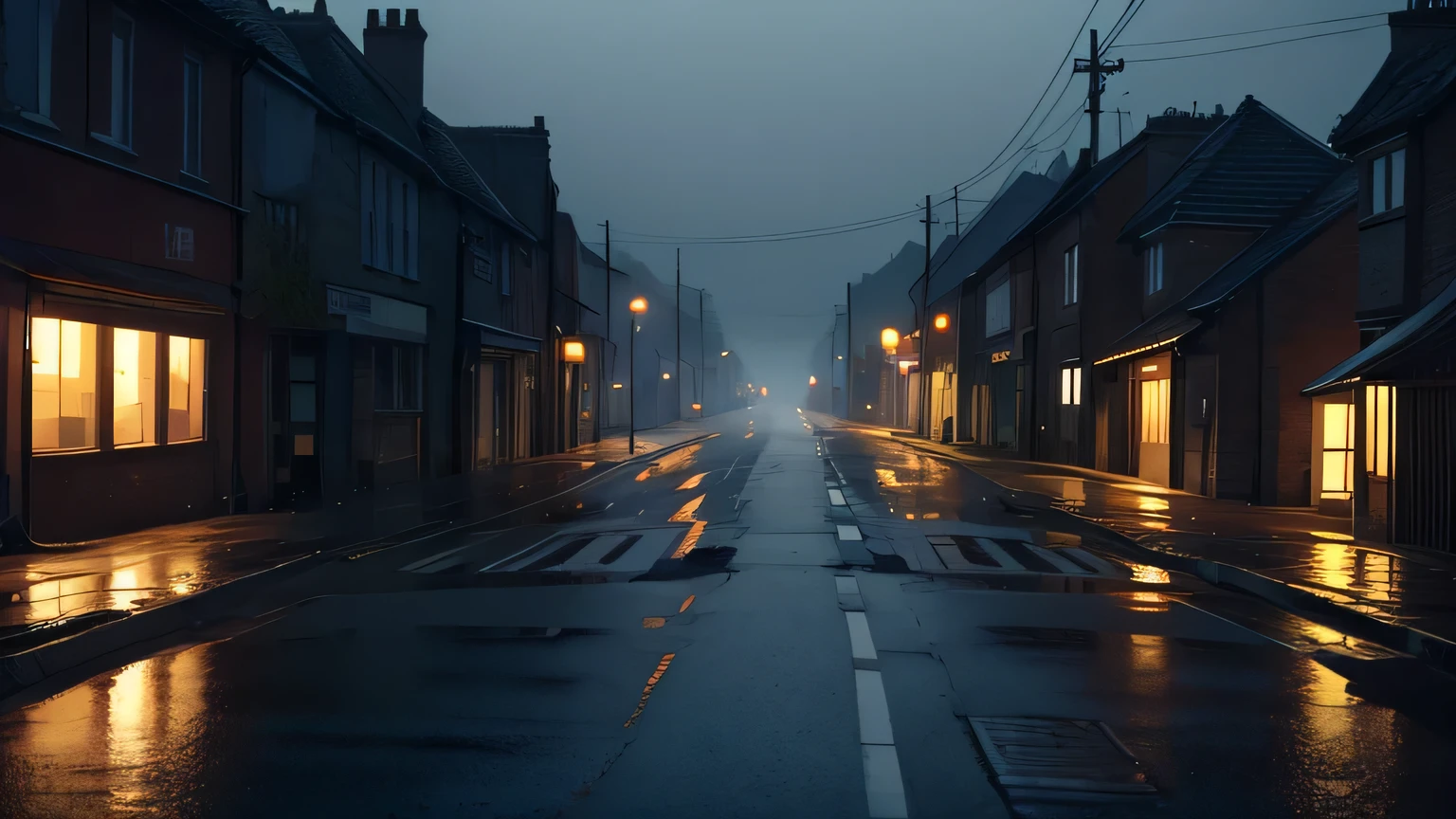 view down an empty road in england, everywhere is empty, no humans or cars. The setting has a raining and wet depressing atmosphere, with soft lighting casting a gentle glow on the surroundings. anime style