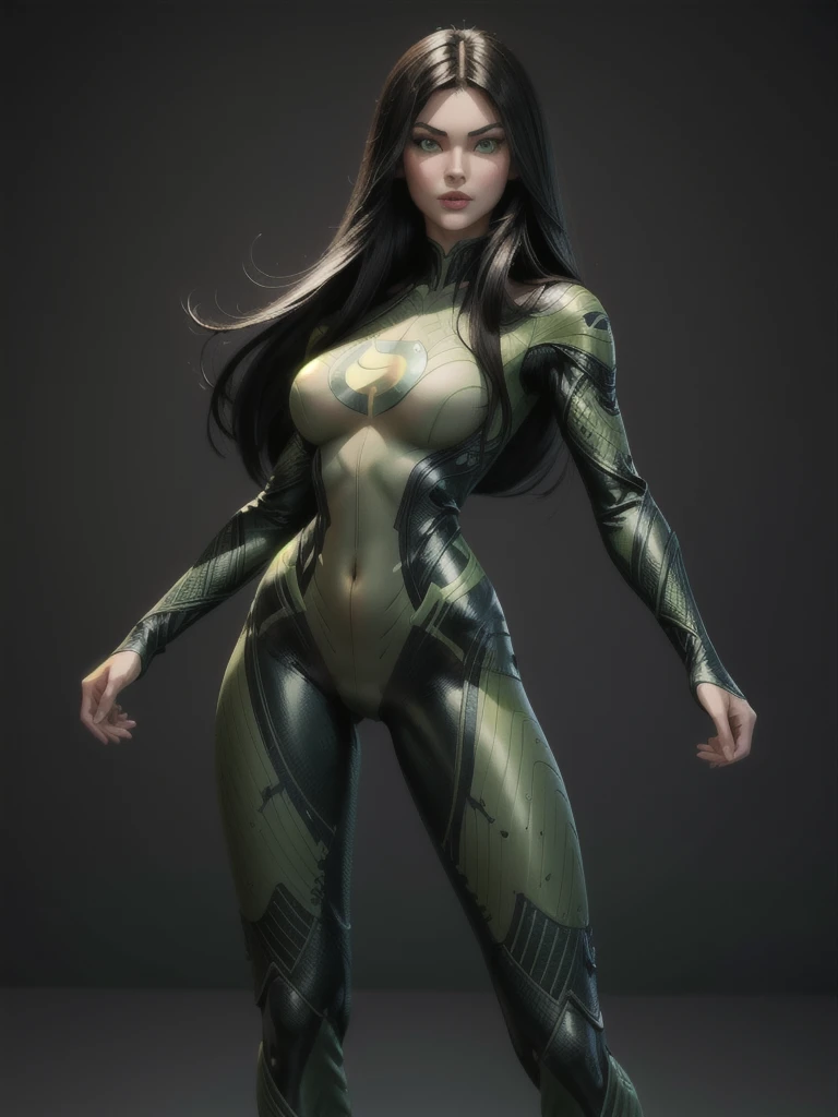 skin-tight ((best quality)), ((4k)), ((highres)), ((masterpiece:1.2)). ((detailed)), ((ultra realistic)), ((intricate details)), ((full body picture)), ((character design sheet)), ((blank background)), a full body picture of a beautifull persian female, persian woman, persian princess, persian model, perfect face, gorgeous face, detailed eyes, detailed lips, ((luscious red lips)), ((vivid green eyes)), about 30 years old, about 5'7 ft. tall, long black hair, ((emphasis on her long black hair)), perfect body, hourglass body type, dressed in a skin-tight green bodysuit, ((emphasis on her skin-tight green bodysuit)), full-body outfit, ((emphasis on full body outfit)), seductress character, femme fatale, superhero character, superhero concept art, superhero character concept art, full body, full body concept art, full body art
