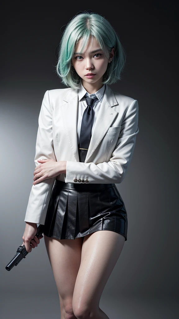 ### Character Description:

- **Hair:**
  - Short, mint green hair.
  - Hair is styled with two pointed sections at the top resembling cat ears.
  - Bangs covering the forehead.

- **eyes:**
  - Large, expressive yellow eyes.
  - Determined expression.

- **Facial Features:**
  - Light skin tone.
  - Small nose.
  - Thin, neutral lips.

- **Outfit:**
  - Gray blazer with black trim on the lapels, cuffs, and hem.
  - Under the blazer, a white dress shirt with a black tie.
  - Gray pleated mini skirt with black trim at the hem.
  - Knee-high black socks.
  - Black loafers.

- **Accessories:**
  - Holding a black handgun with both hands, arms extended forward.

- **Pose:**
  - Standing with legs slightly apart for balance.
  - Arms extended forward, holding the gun in a steady, determined manner.
  - Upright posture, indicating readiness and focus.

- **Overall Appearance:**
  - The character exudes a sense of determination and focus.
  - The attire and pose suggest discipline and readiness for action.
  - The combination of the  and the weapon gives a contrasting yet striking look.

Simple Background, High resolution, Anatomically correct, solo,One girl, 