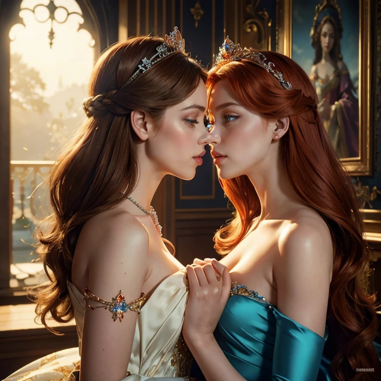 (​masterpiece, best quality:1.5), highest quality, High resolution, super detailed, Realists, Upper body photo of the red-haired princess, detailed and beautiful eyes, beautiful detailed lips, very detailed eyes and face, longeyelashes, Princess in blue royal dress, Beautiful and colorful makeup, elegant and noble々Pose,shiny crown and jewels, Royal gardens as background, soft daylight, bright colors, fine brushstrokes, Portrait style, Noble details in the dress fabric, beautiful color palette, glowing skin, First-class rendering, that captures every detail, enchanting atmosphere, subtle shadows and lights, (perfect ???????:1.2), (Two stunning princesses are deeply in love:1.4), (kiss:1.2)