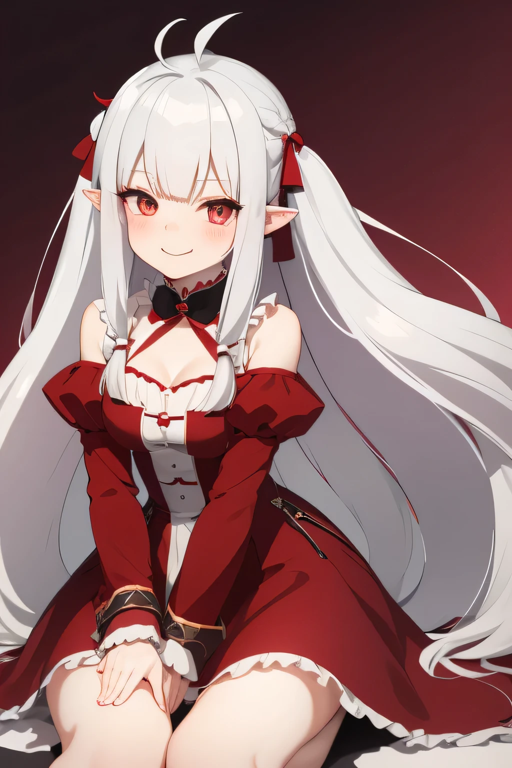 Anime girl white hair vampire pointed ears Looking at viewer, Blush, Smile, Bangs, Twintails, Very Long Hair, Pointy Ears, Fang, Feet Out Of Frame, wearing red dress, in love