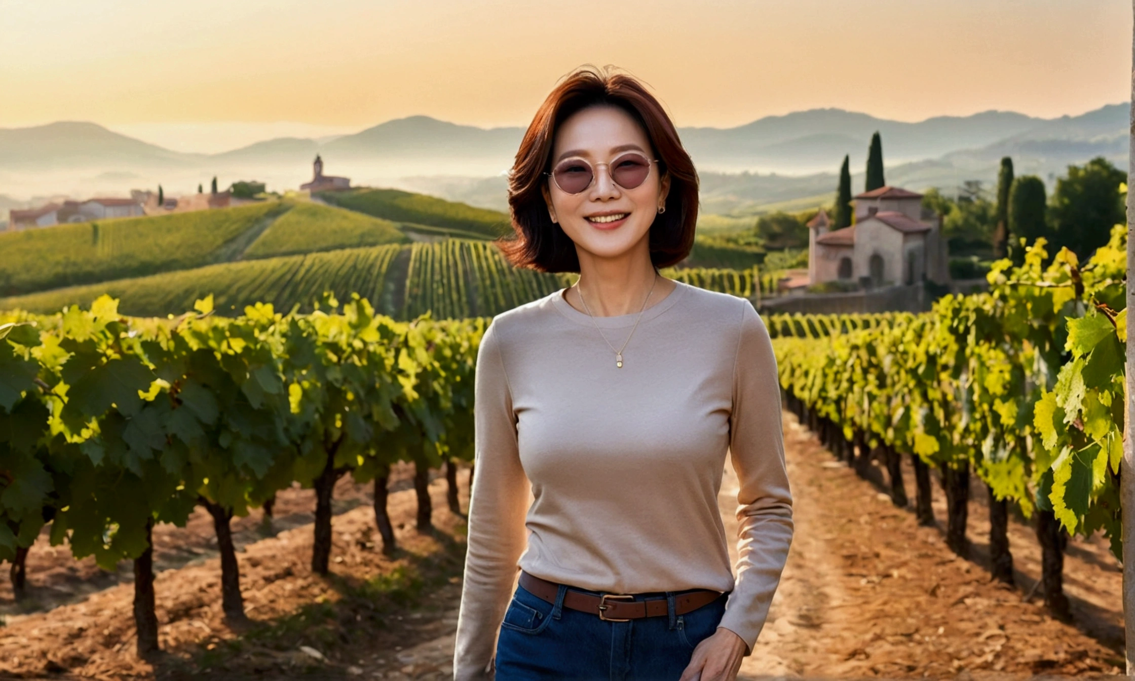 Wearing a luxury brand long-sleeved knit, Korean woman in her 50s with short and medium hair, The smiling face is short and petite., very beautiful.!, Get inspired by Son Ye-jin, 8K vertical rendering, photo realistic beautiful face, big eyes,double eyelid, black eye, Wear a dark round neck t-shirt. beige jean pants. Warm light in vineyards at dawn in rural Italy, The morning sun shines beautifully. Standing on a curved path. (digital painting, HDR, high contrast),, (best quality:1.4, 8k 3D, 45,000,000,000,pixel,),(masterpiece:1.3),(sharp focus:1.2),(Full body shot with Canon camera 16-35 wide angle lens, 포도 밭이 내려다 보이는 언덕 위 Standing on a curved path, 32 inches, A woman of and short stature, A cathedral can be seen in the distance through thick fog., Vineyards with vivid image quality, three dimensional grape leaves, Grape leaves look vivid and clear., Smiley, walking down a path, Wear large luxury brand sunglasses,