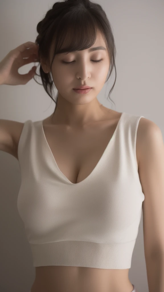 nsfw,1girl, solo, (white midriff sleeveless open-chest sweater,cleavage,large breast:1.3), (photorealistic:1.4),official art, unity 8k wallpaper, ultra detailed, beautiful and aesthetic, masterpiece,best quality, glowing skin, elegant, a brutalist designed, vivid colours,blowing kiss,extreme closed up to face,closed eyes,pursed lips,thin lips,(shoot from front:1.5)