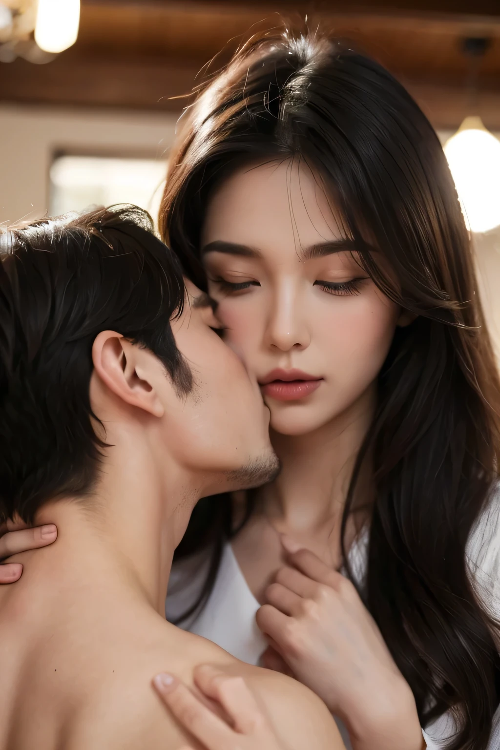 Man kisses woman