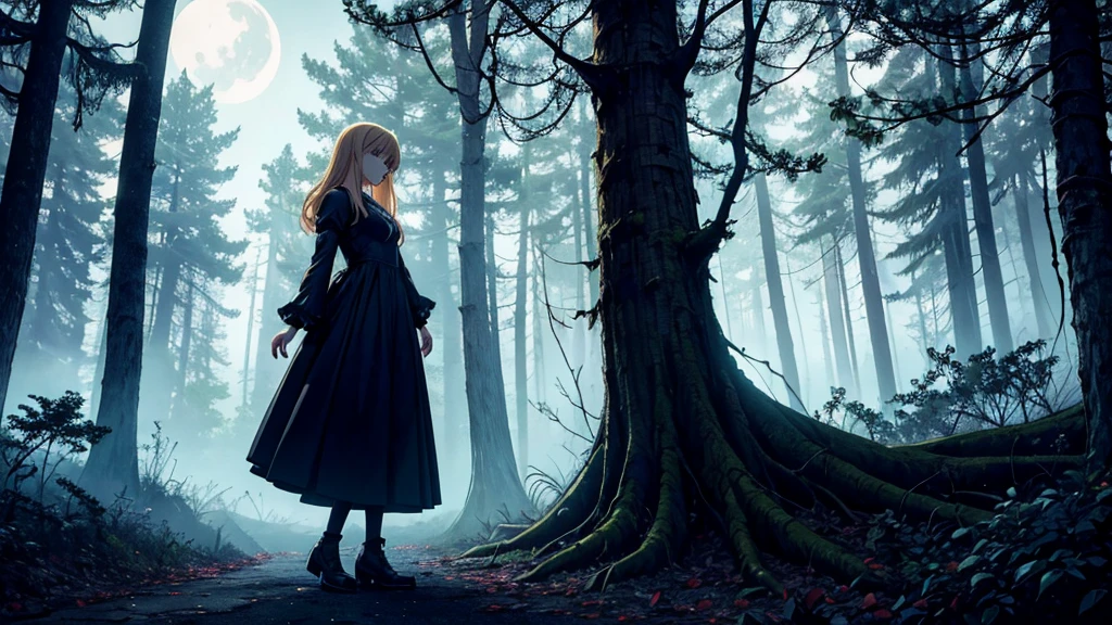 Create an anime-style image with vibrant colors but a dark, eerie atmosphere. The scene features a blonde girl with blue eyes playing the piano in a shadowy forest under a full moon. She is wearing an old-fashioned dress that adds to the mysterious and haunting mood of the setting. The full moon is prominently highlighted, casting an eerie glow over the forest. The trees around her are tall and foreboding, with twisted branches and shadows that create a sense of unease. The overall ambiance should be dark and somewhat frightening, contrasting with the vivid colors and the ethereal beauty of the girl and her surroundings.