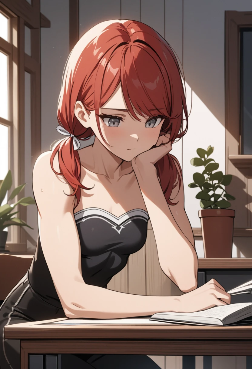 (masterpiece, best quality), stoic, girl leaning forward in chair, hand on own face, looking down at book, biceps, book, beautiful face, upper body, close up, Gray eyes, red hair, swept bangs, low twin tails, white ribbons, gray strapless shirt with white trim, black jeans, small breasts, toned arms, shadows, sunrays, sitting on chair in front of desk, wooden walls, lone window, table with cloth, potted plants,