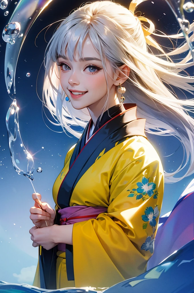 Smiling beautiful woman in kimono holding a transparent glass of water close to her face