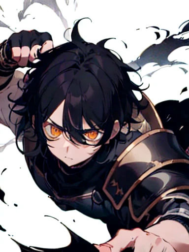 A boy has black hair that is a little light and messy., with bangs that fall slightly over his forehead. His golden eyes are penetrating. He wears black armor with gray details., which accentuates his athletic and robust build. He has visible horns on his BLACK head.