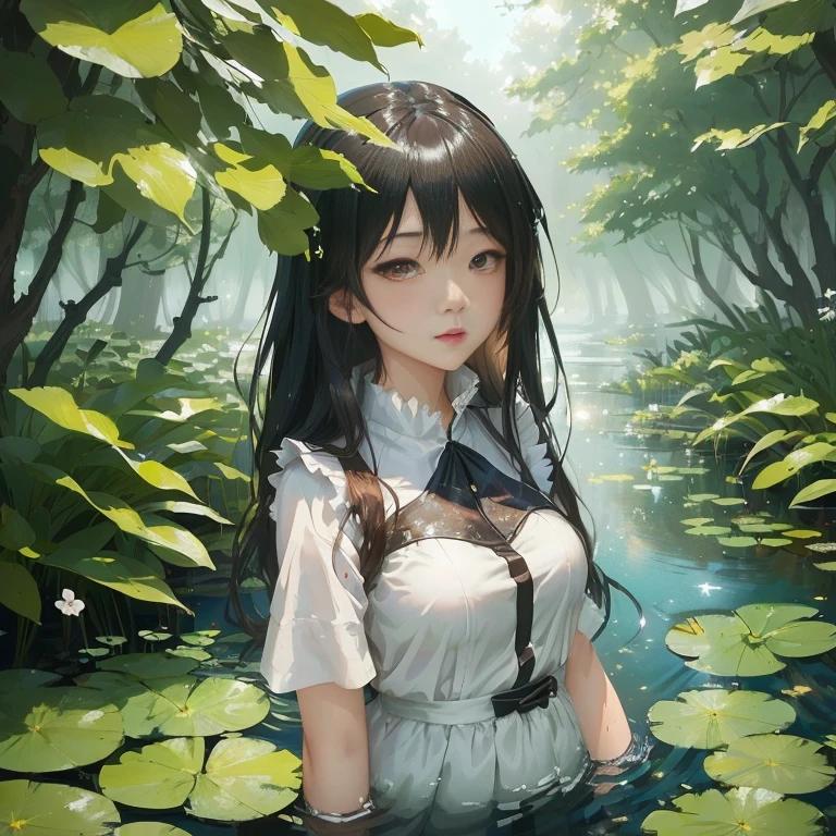 anime girl in a white shirt standing in a pond of water, anime lush john 8k woods, in a pond, a maid in a magical forest, beautiful anime girl, kantai collection style, guweiz on pixiv artstation, anime girl walking on water, artwork in the style of guweiz, guweiz on artstation pixiv