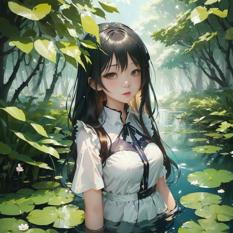 anime girl in a white shirt standing in a pond of water, anime lush john 8k woods, in a pond, a maid in a magical forest, beautiful anime girl, kantai collection style, guweiz on pixiv artstation, anime girl walking on water, artwork in the style of guweiz, guweiz on artstation pixiv