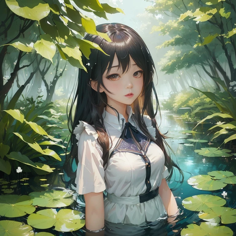 anime girl in a white shirt standing in a pond of water, anime lush john 8k woods, in a pond, a maid in a magical forest, beautiful anime girl, kantai collection style, guweiz on pixiv artstation, anime girl walking on water, artwork in the style of guweiz, guweiz on artstation pixiv