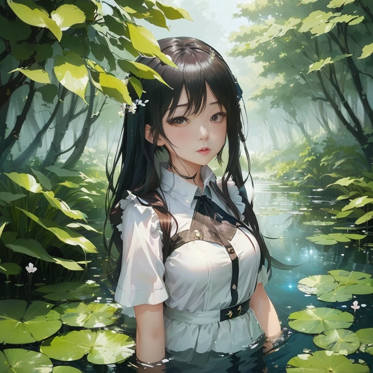 anime girl in a white shirt standing in a pond of water, anime lush john 8k woods, in a pond, a maid in a magical forest, beautiful anime girl, kantai collection style, guweiz on pixiv artstation, anime girl walking on water, artwork in the style of guweiz, guweiz on artstation pixiv