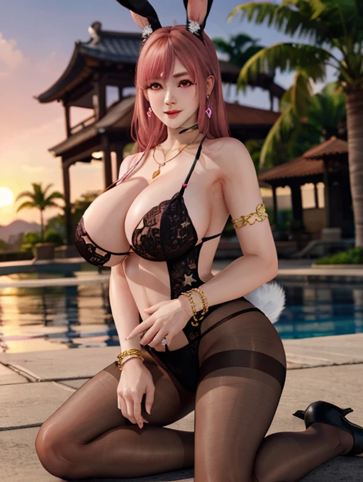 Honoka, Bunny Girl装,bracelet,ring, ,Pink Hair,Milf,Huge breasts,cleveage,Low-cut,Rabbit tail,Pantyhose,Lovely,necklace,earrings,cake,Rabbit ears,Lace,Red lips,Shy,Lovely,Bunny Girl,Sunset,cloud,Brown eyes,Extra large breasts,Leg ring,Work clothes,Tights,1 girl,sit,sit在椅子上,outdoor