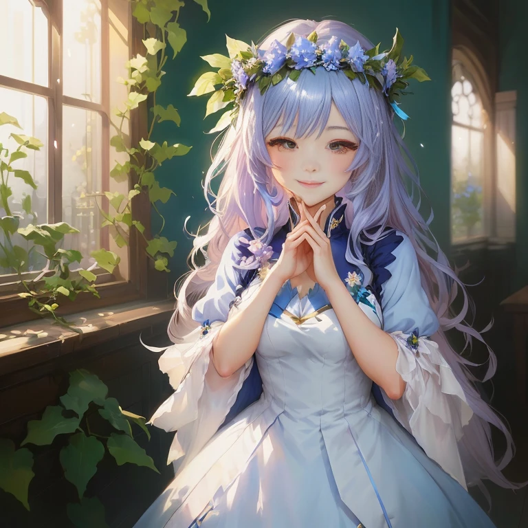 anime girl in a blue dress with a flower crown, smiling as a queen of fairies, guweiz on pixiv artstation, guweiz on artstation pixiv, guweiz, artwork in the style of guweiz, cute anime waifu in a nice dress, [[[[grinning evily]]]], serene smile