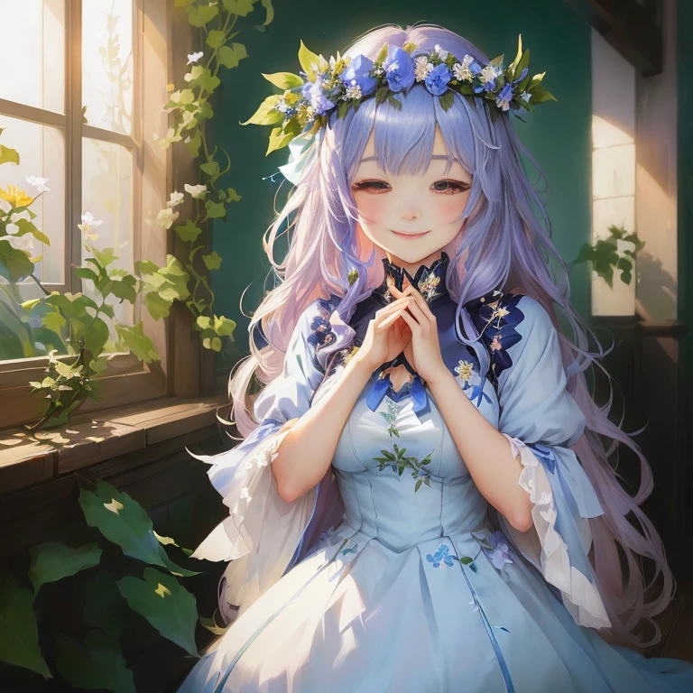 anime girl in a blue dress with a flower crown, smiling as a queen of fairies, guweiz on pixiv artstation, guweiz on artstation pixiv, guweiz, artwork in the style of guweiz, cute anime waifu in a nice dress, [[[[grinning evily]]]], serene smile