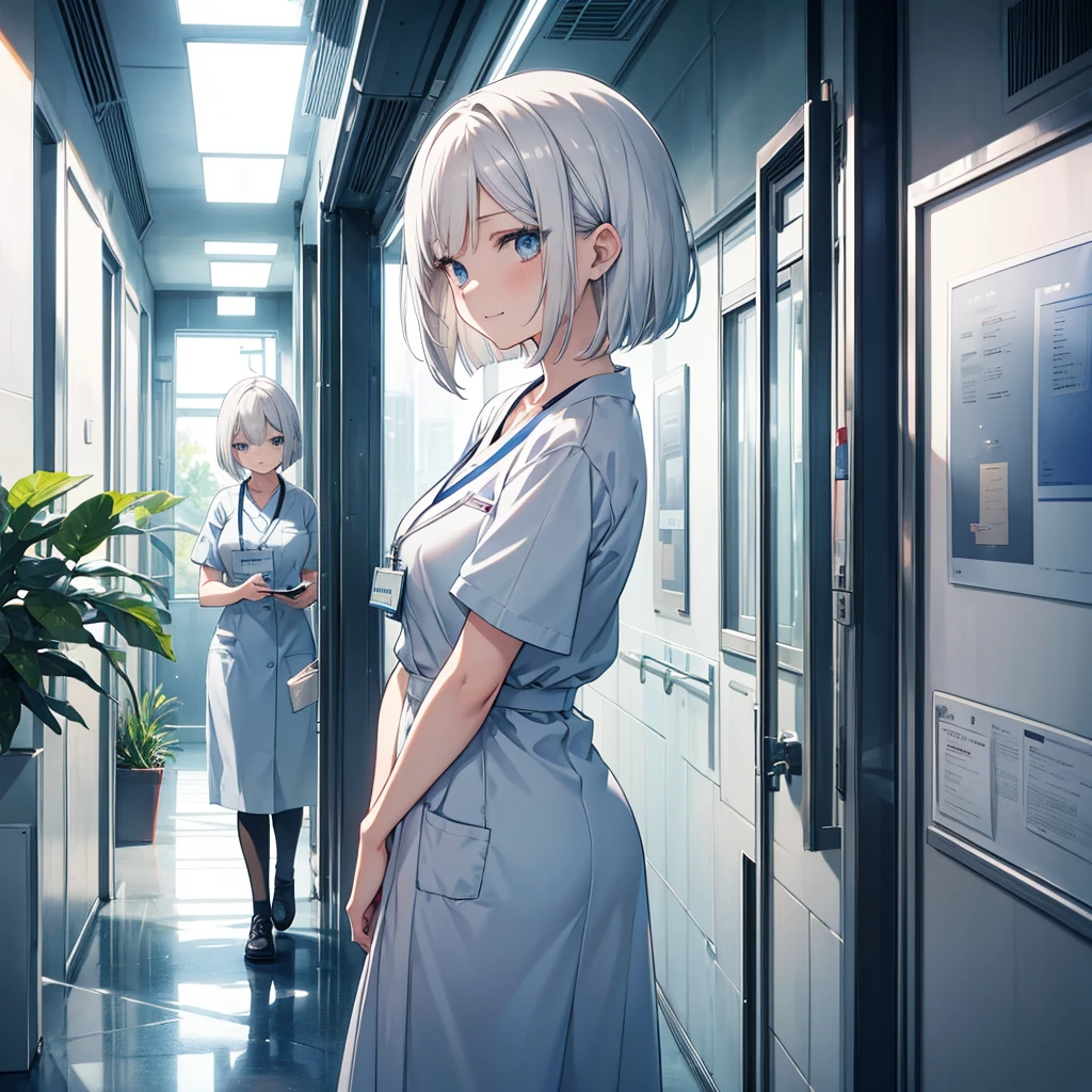 Please create an anime-style illustration of a young nurse. She has short silver hair in a bob cut with a slight wave. She has large, expressive blue eyes and a gentle yet serious expression. She is wearing light blue or white scrubs with a name tag. She is standing in a brightly lit hospital corridor, with plants and medical equipment in the background. The lighting is soft, casting gentle shadows to enhance the atmosphere. She is smiling.