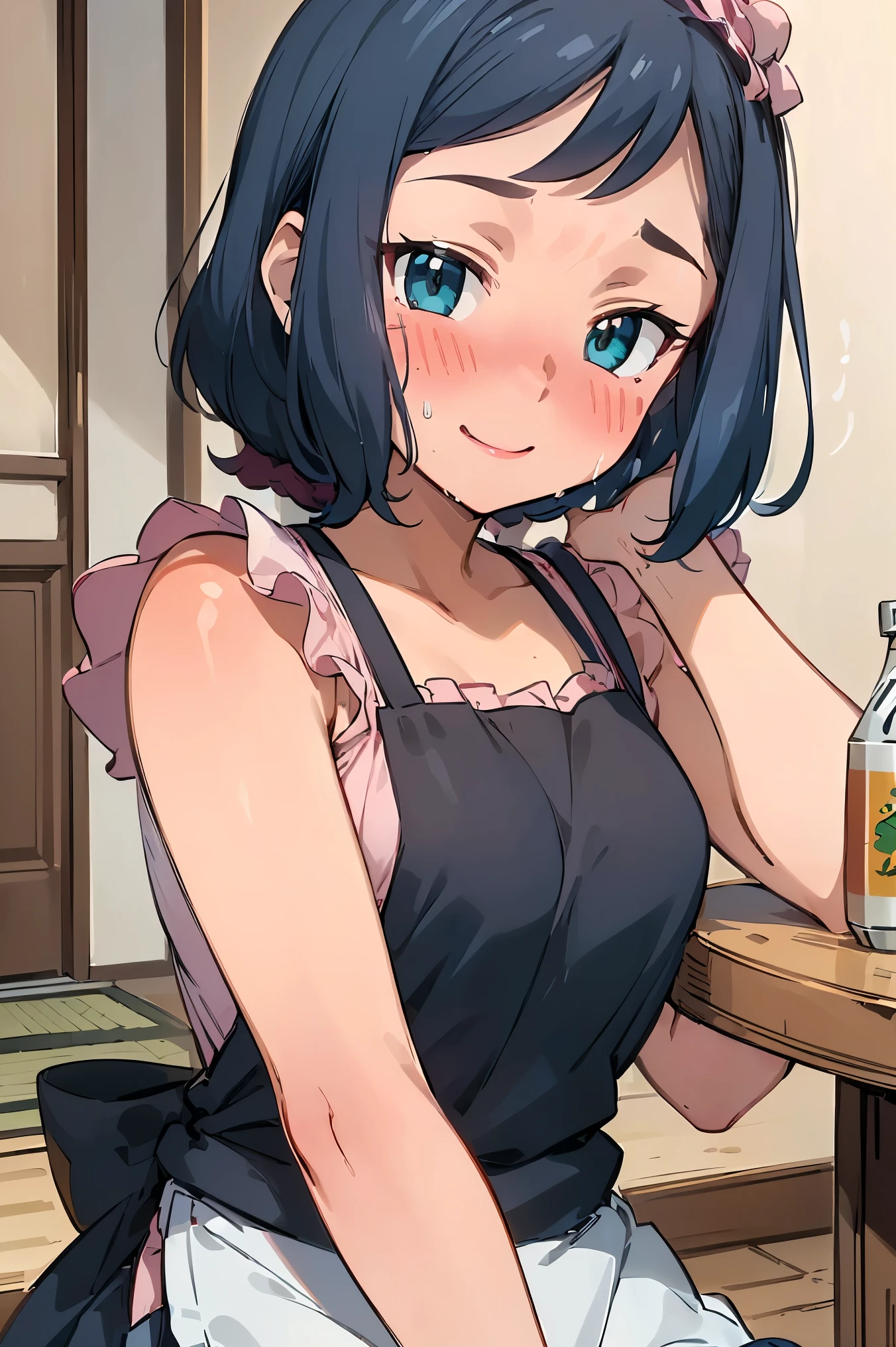 (masterpiece,Highest quality,Ultra-high resolution),((Perfect Face, Perfect body、Perfect hands,Beautiful Eyes)),(Upper Body),Collected_Iori,apron、Short sleeve,(Drunk、blush:1.6)、(Naughty smile、Naughty expression、Eyes close),can of beer、living room、Sitting on the floor、table、Japan