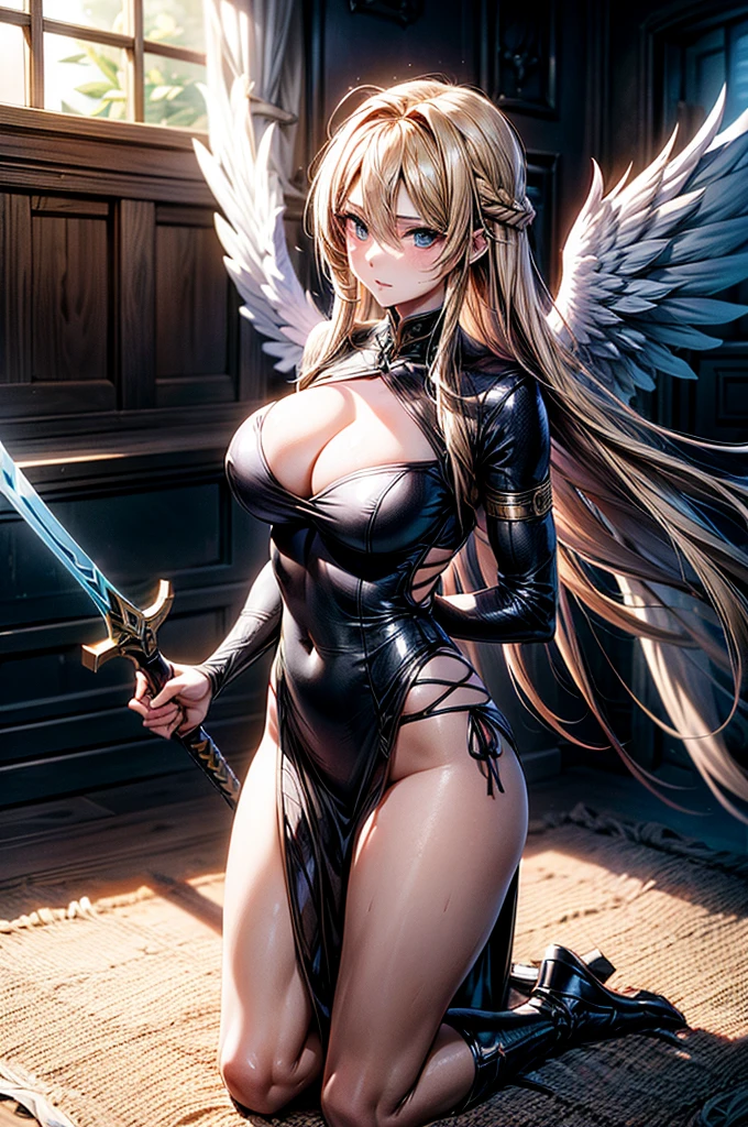 female archangel prepared for battle, an extremally beautiful warrior valkyre, ultra feminine, long hair, blond hair, braided hair, wearing divine golden armor, cleavage, big breasts, (angel wings: 1.2) spread, golden sword, in battle, fighting, war, sunset, 16k, RAW, ultra wide shot, photorealism, depth of field, hyper realistic. ray tracing